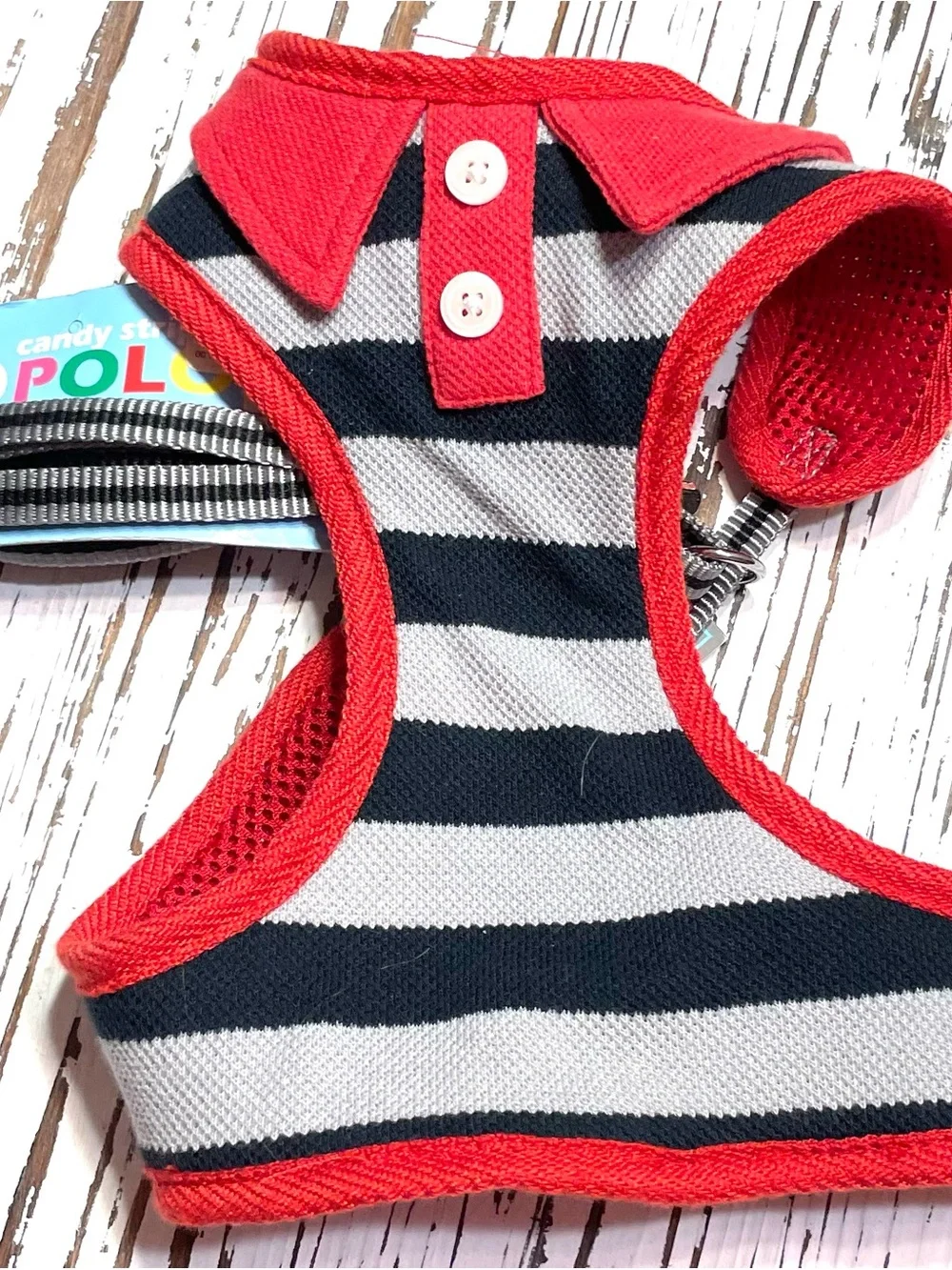 Striped grey and black Red-Trim Dog Harness with Matching Leash Large
